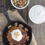 Plantain Fritter Pancakes with Maple Coconut Cream and Toasted Walnuts